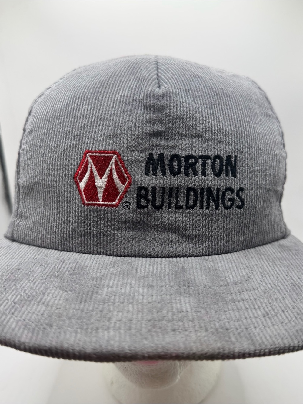 Vintage Morton Buildings Gray Corduroy USA Made Size-A-just SnapBack Cap